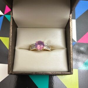 Gold and pink Solitaire Ring with Accent Stones